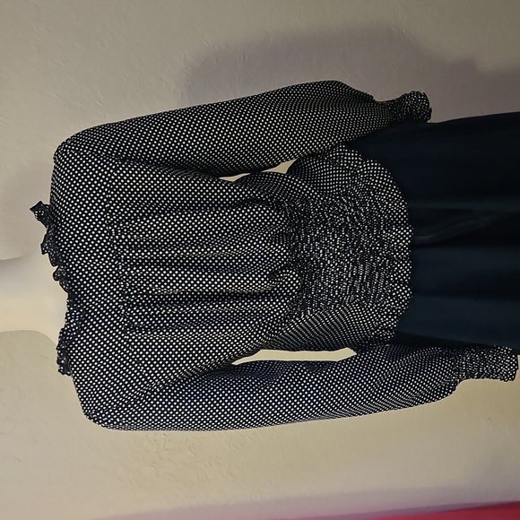 WISHLIST APPAREL Retro Navy Blue Polka Dot Ruffle Button Down Smock Poet Blouse - Picture 8 of 12